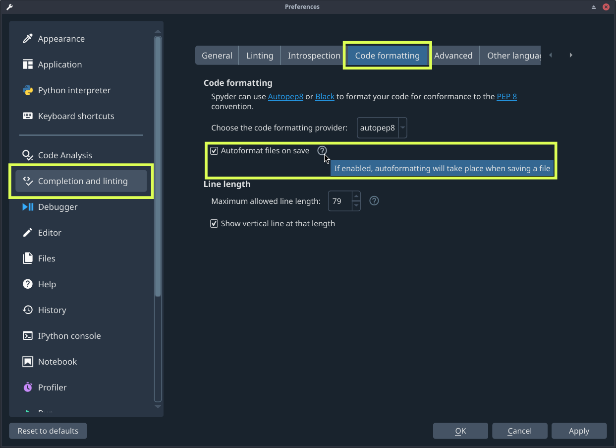 Spyder's preferences dialog, showing checking the autoformat files on save setting
