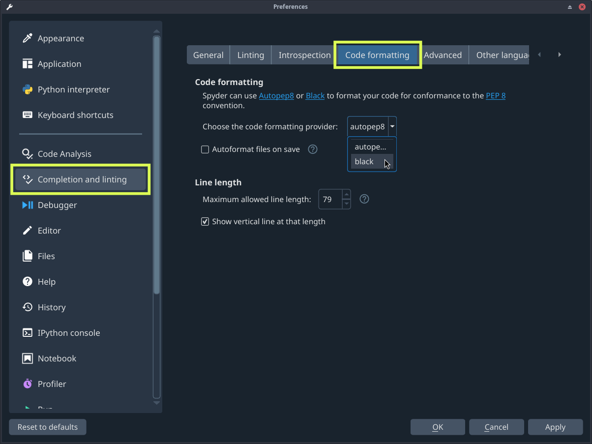 Spyder's preferences dialog, showing code style and formatting settings
