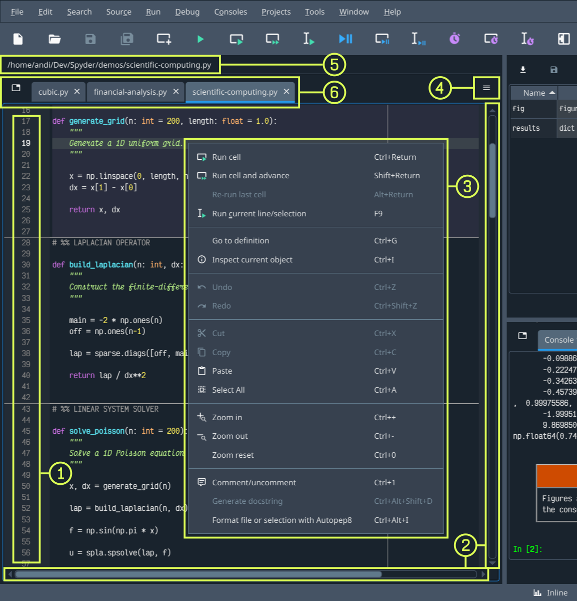 Spyder's Editor pane, showing its different areas (described below)