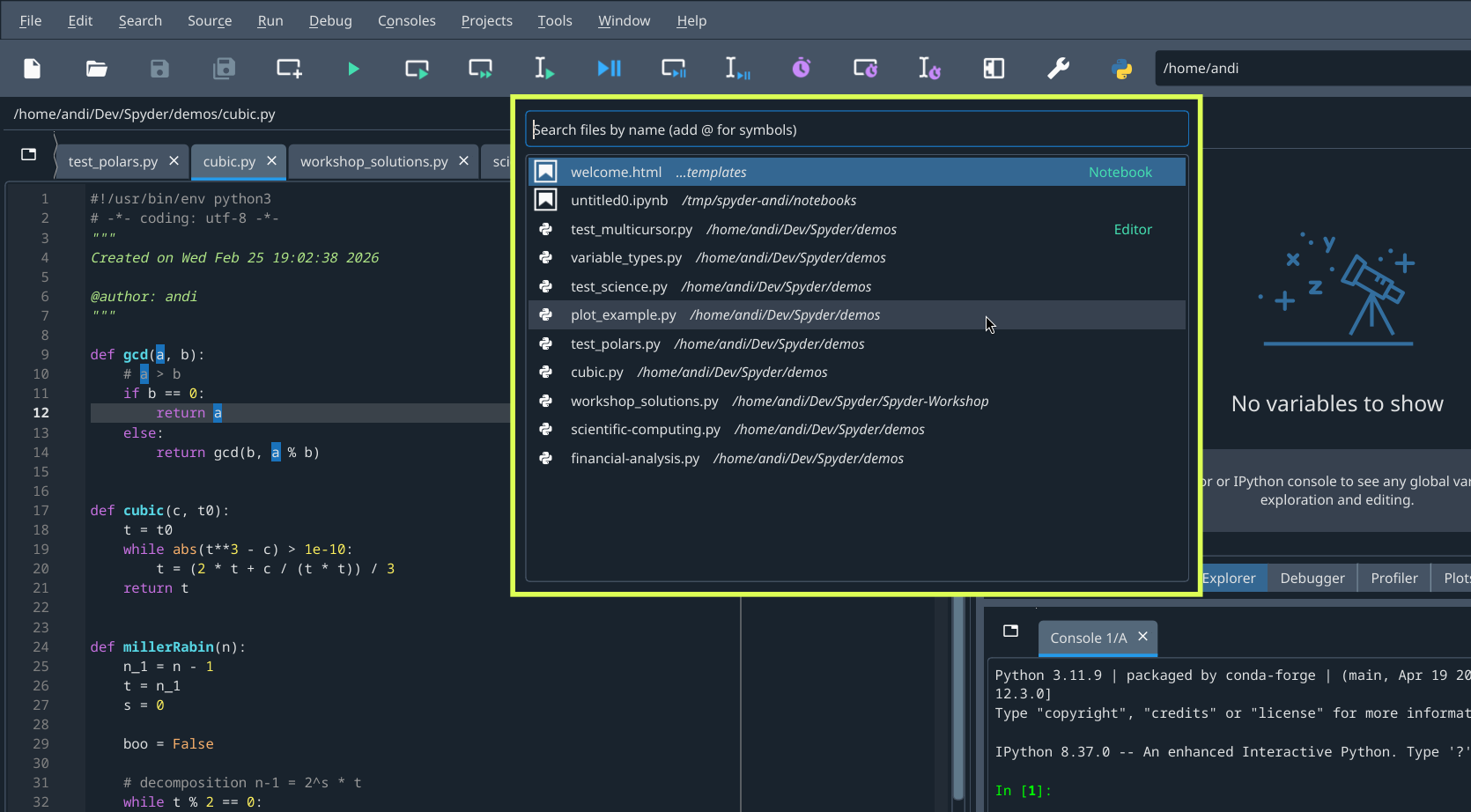 Spyder's Editor pane, showing the file switcher