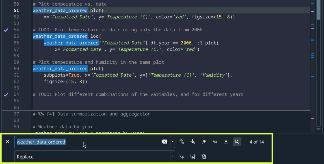 Spyder's Editor pane, showing the find and replace panel