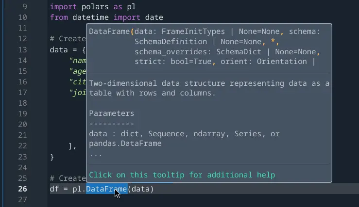 Spyder's Editor pane, showing an example of a hover hint