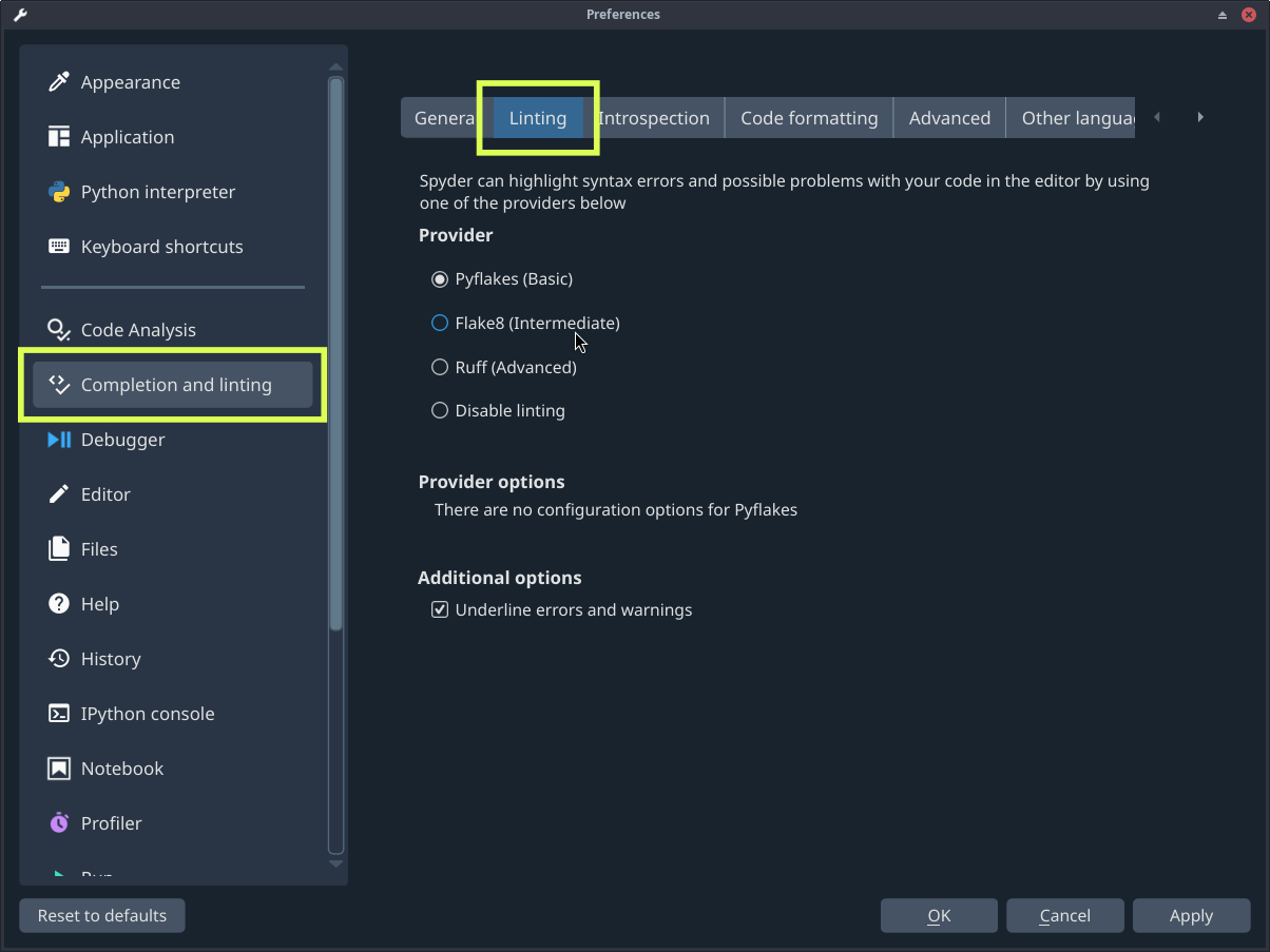 Spyder's preferences dialog, showing linting settings