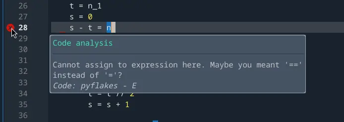 Spyder's Editor pane, showing an example of a highlighted code error