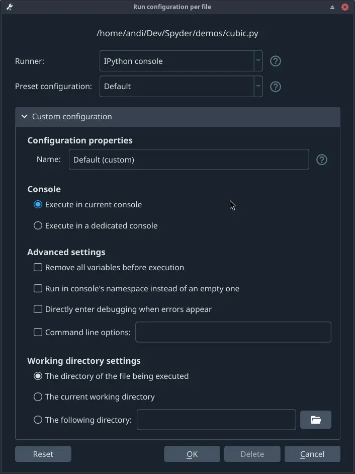 Spyder's Editor pane, showing the Run Configuration dialog