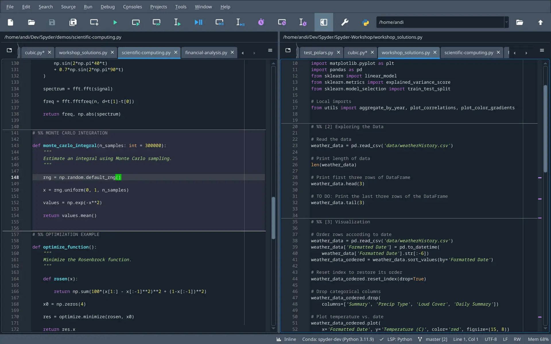 Spyder's Editor pane, split horizontally and with style analysis