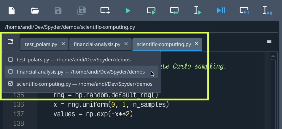 Spyder's Editor pane, showing the tabs browser
